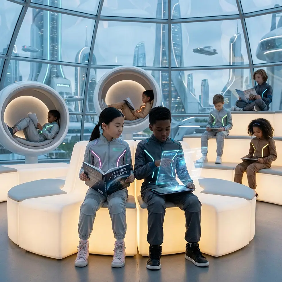 kids of all races reading books in a futuristic setting